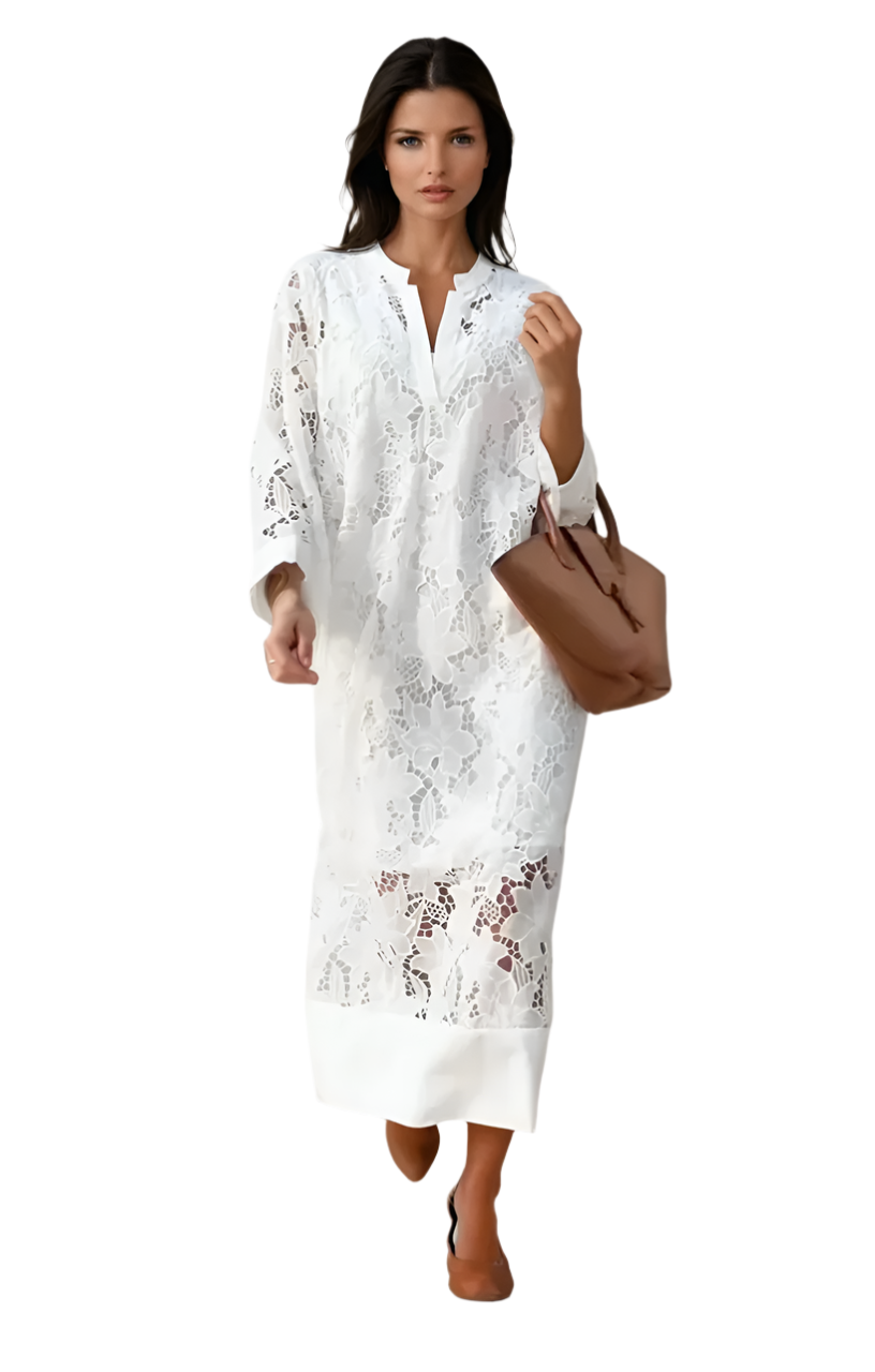 Elegant hvit kvinnekjole, perfekt for tidløs stil. Ideell som selskapskjole, penkjole, vår- eller sommerkjole.
