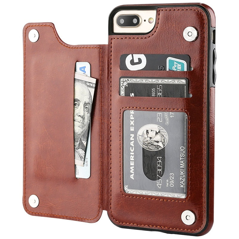Elegant iPhone lommebokveske i PU-skinn for beskyttelse og stil. Inkluderer kortholder og stativfunksjon.