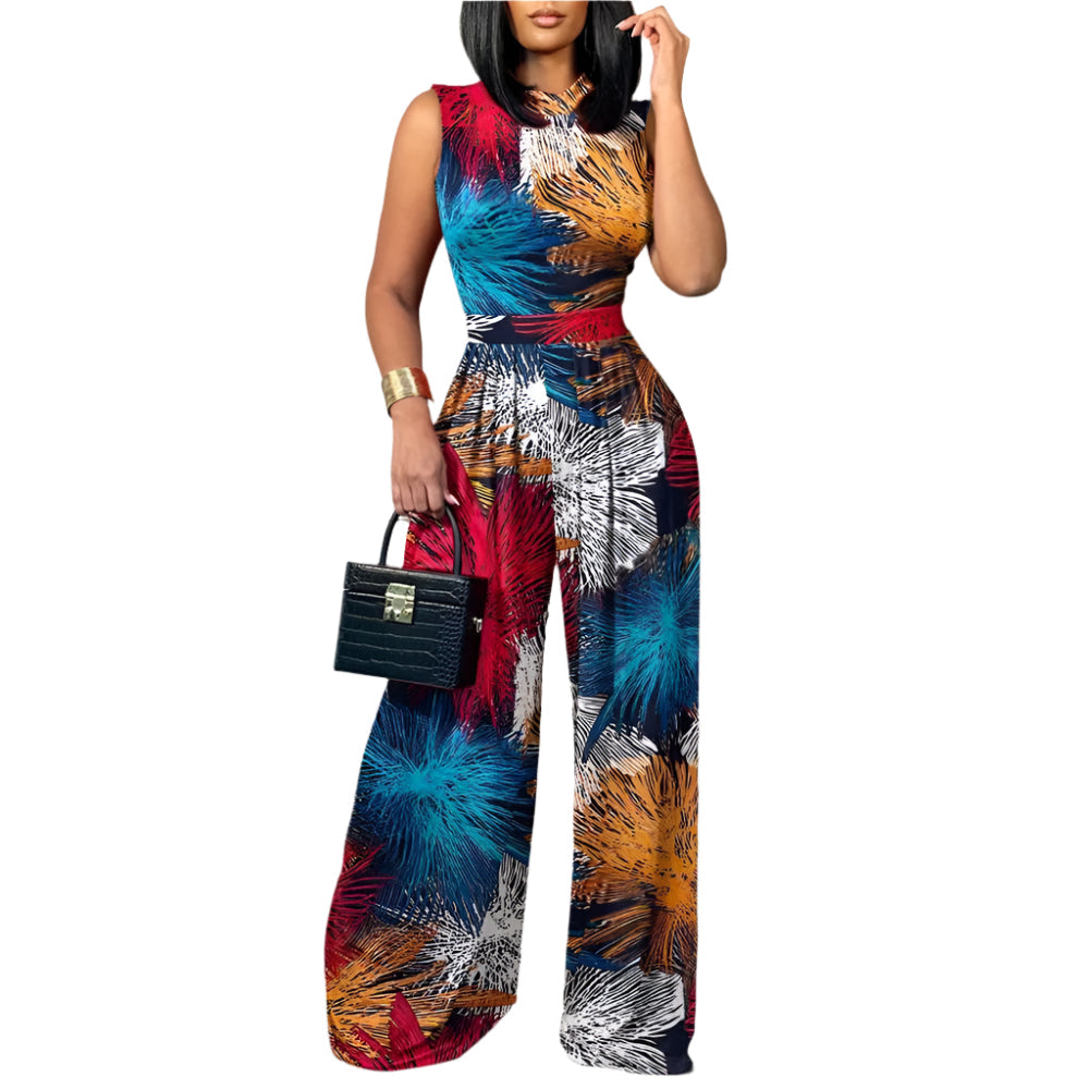 Trendy ermeløs jumpsuit med viddeben for kvinner. Stilfullt trykk, ideell for sommerdager og fritid.