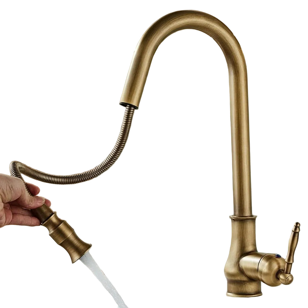 Elegant kjøkkenkran med uttrekk i antikk bronse og svart finish for moderne kjøkken.