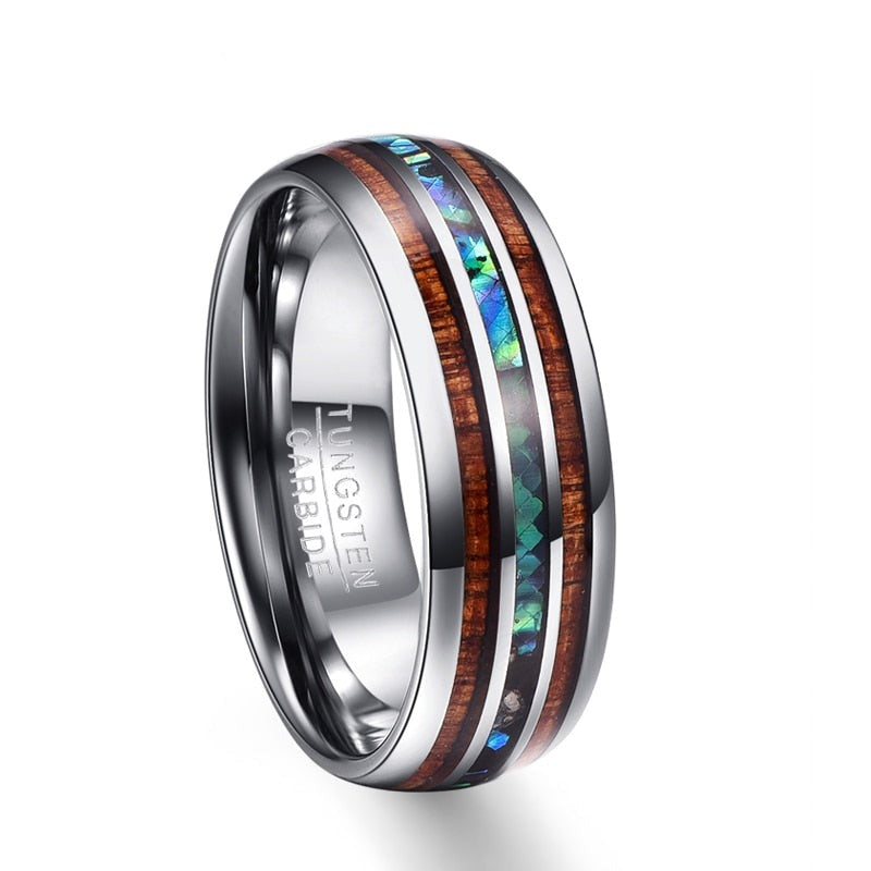 Elegant Koa tre & abalone ring for kvinner, 8mm wolframkarbid, unik damering perfekt for jubileum.