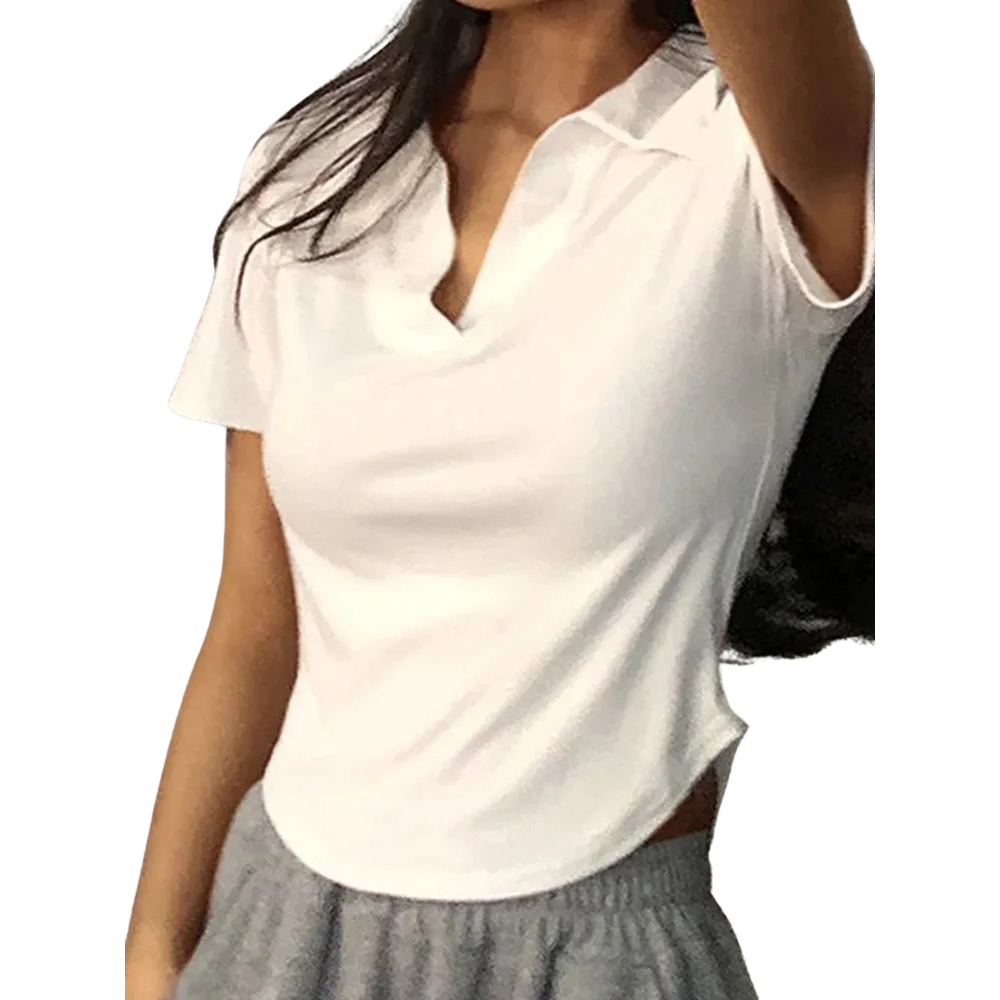 Elegant kortermet V-hals topp for kvinner i slim fit, perfekt bluse for hverdag og fest.