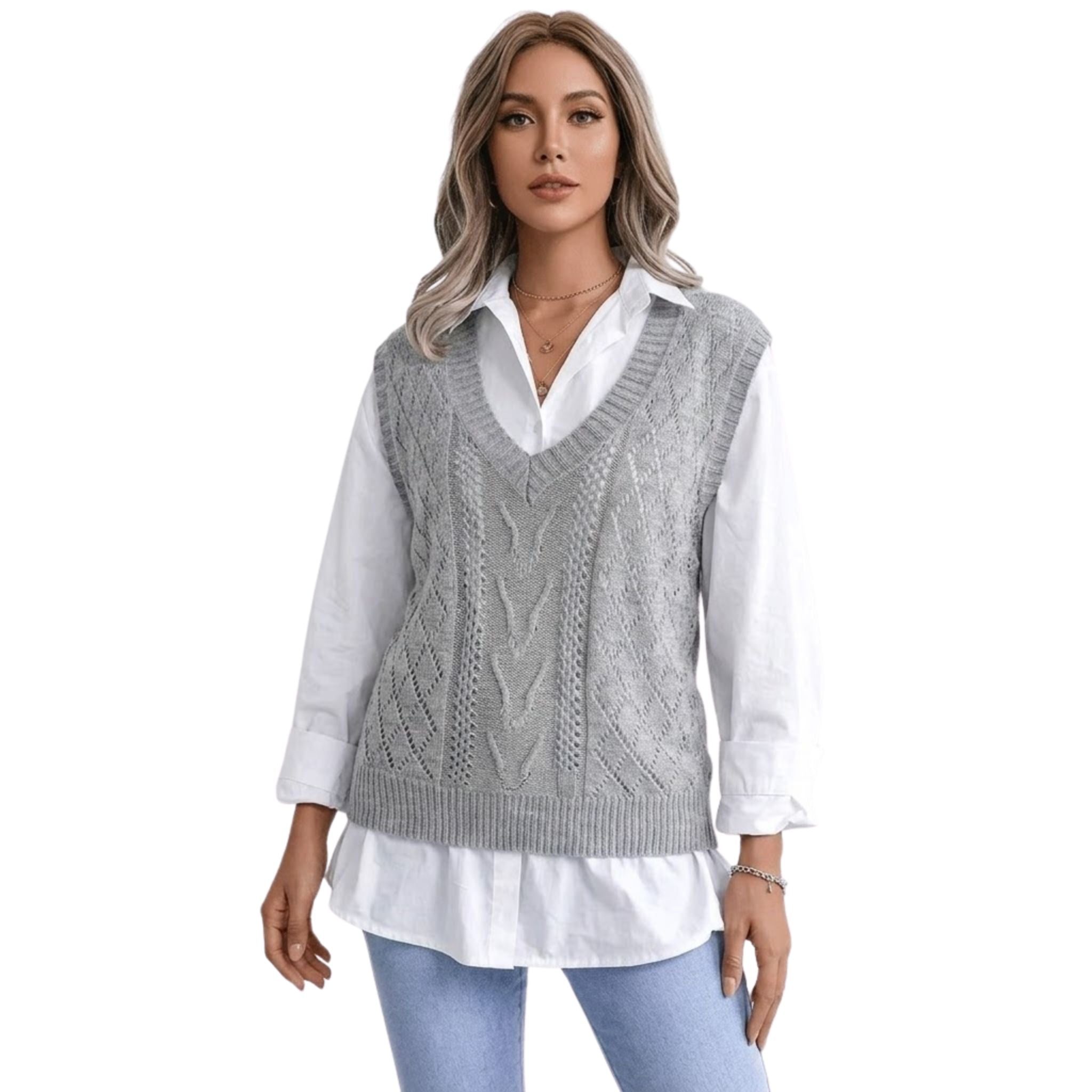Elegant kvinne gilet med V-hals, diamantmønster. Perfekt strikkevest for lag-på-lag og hverdagsmote.