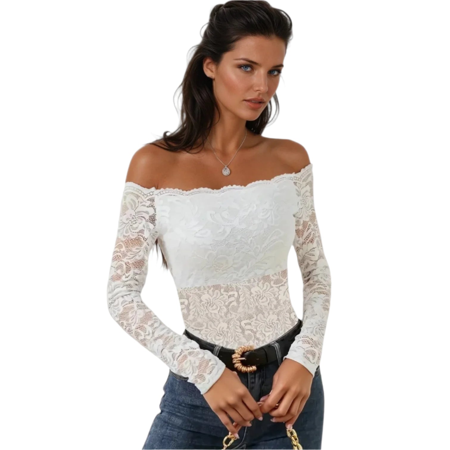 Elegant kvinnebluse med dyp utringning og lekre blondeermer. Perfekt festtopp.