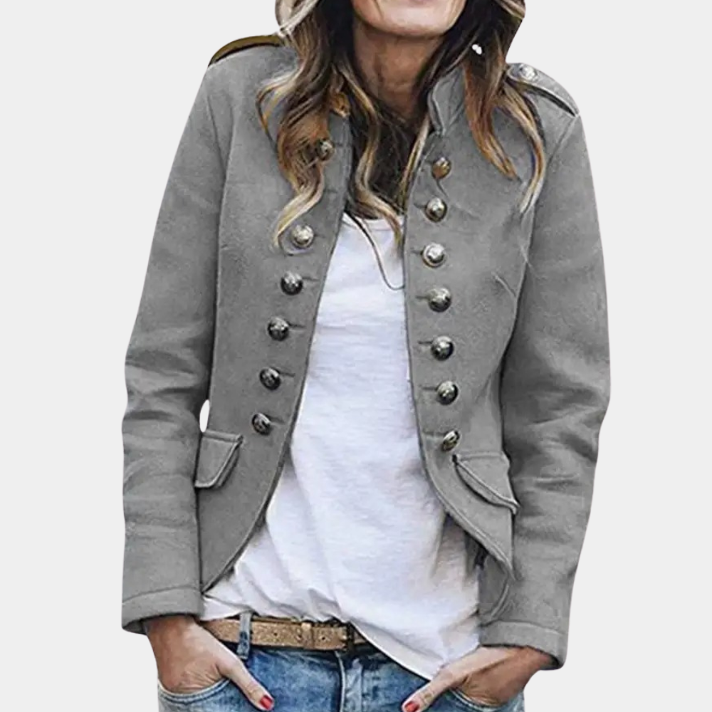 Trendy kvinners blazer i kort modell med stand-up krage. En elegant vår/høstjakke for stilbevisste kvinner.