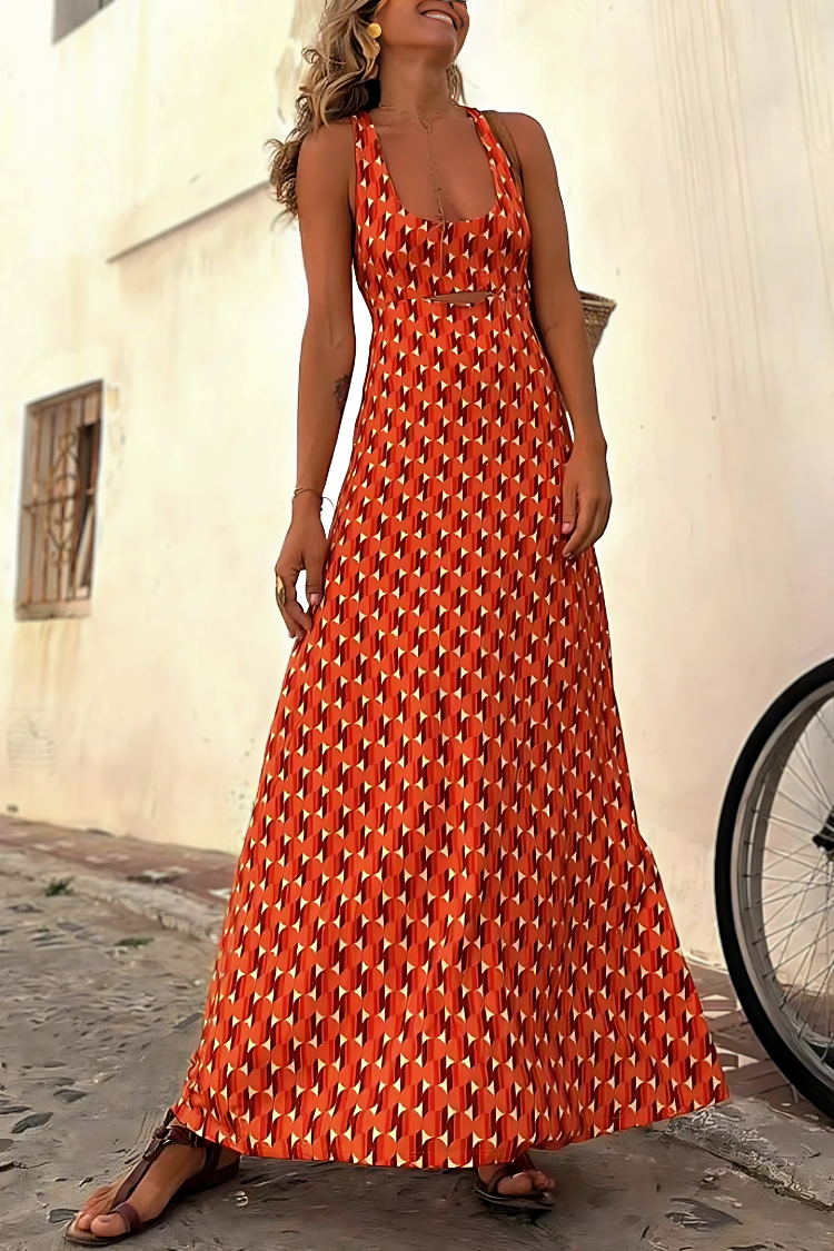 Bakfra-visning av flytende, feminin kvinners kjole som viser elegant bevegelse. Perfekt sommerkjole.