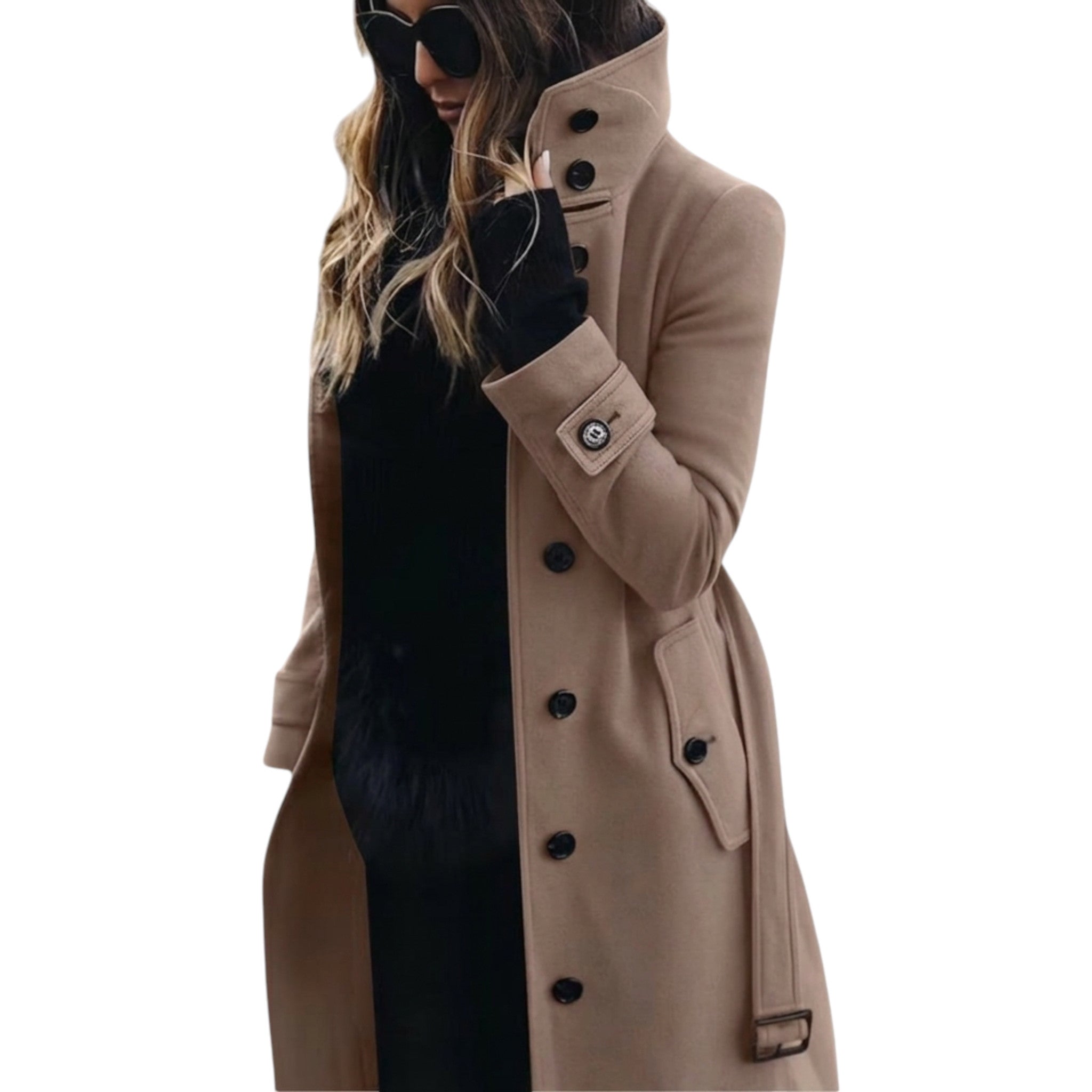 Stilren dametrenchcoat i tidløs beige farge, med belte og krage. Ideell elegant lang kåpe.