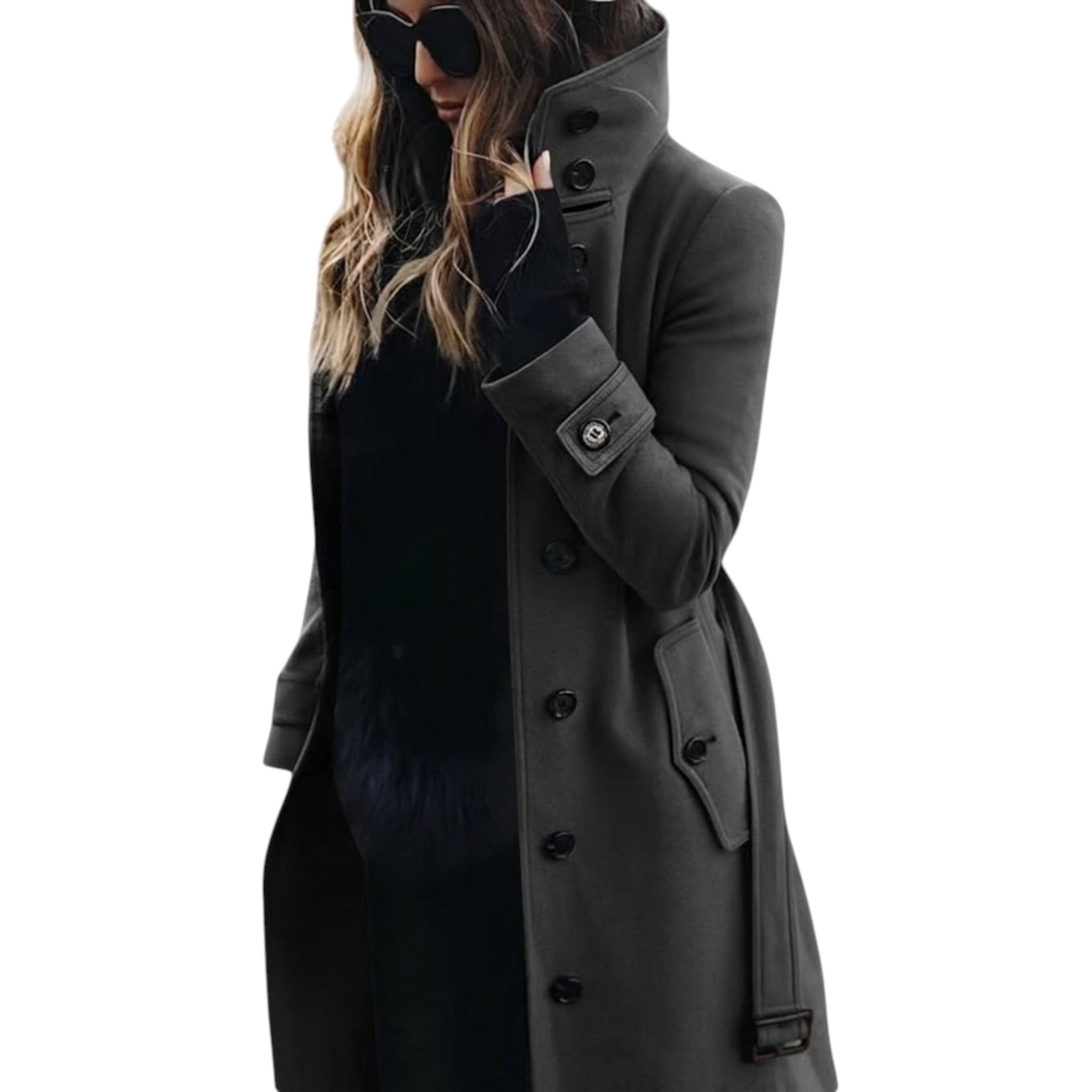 Detaljbilde av klassisk dametrenchcoat, stoff og knapper. Tidløs stilren jakke for vår og høst.