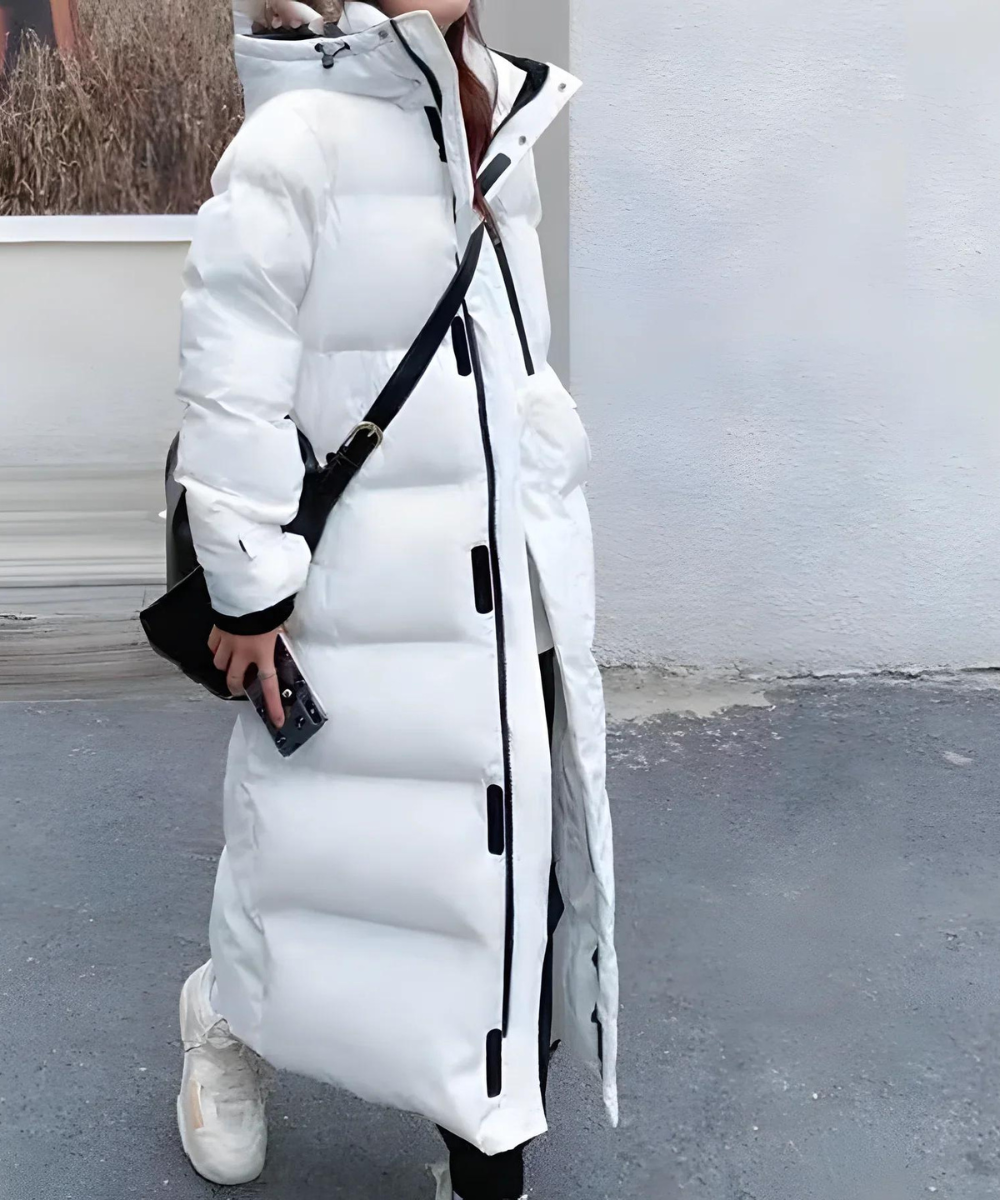 Eksklusiv lang dame vinterjakke med hette, varm og vannavvisende dunjakke for kalde dager.