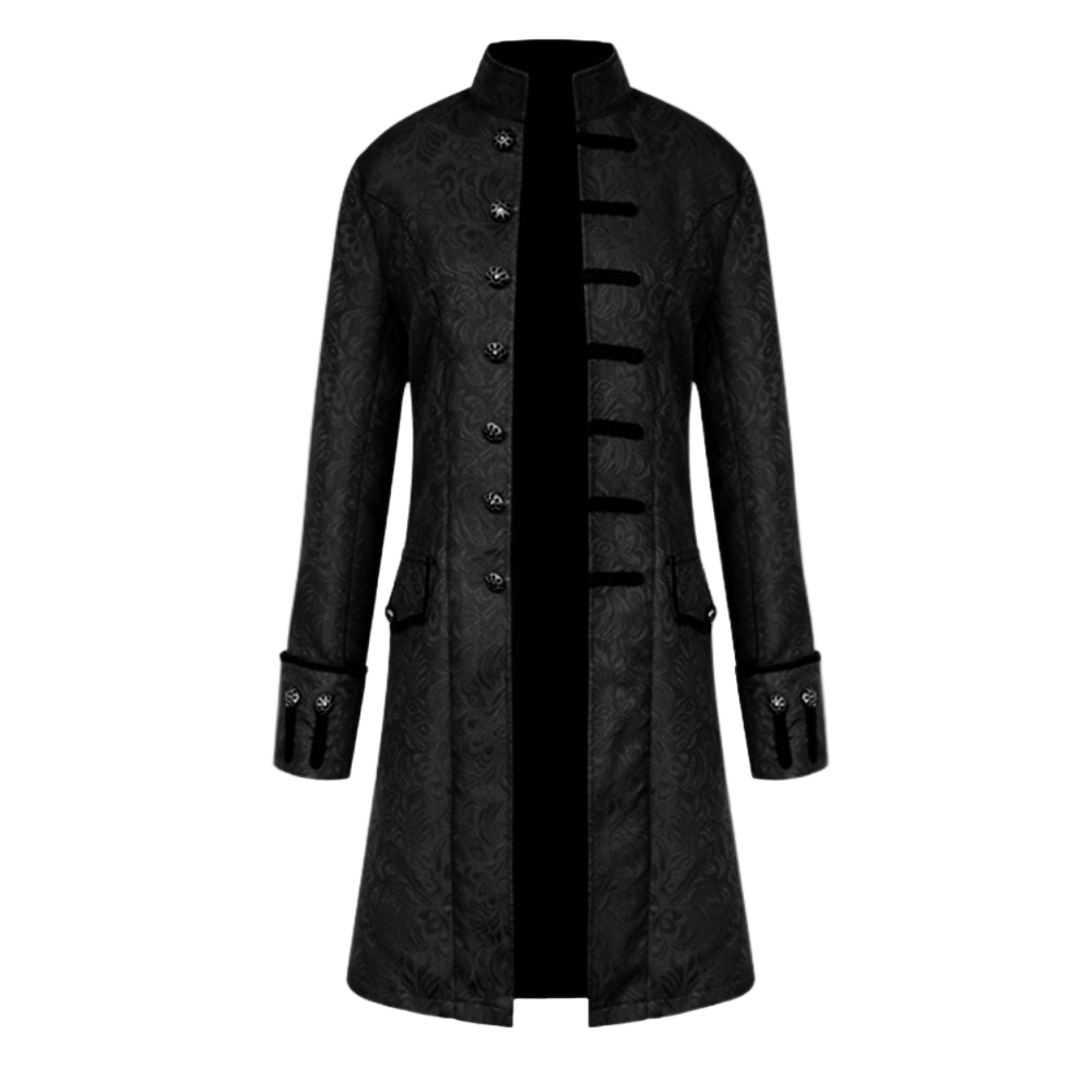 Elegant lang herrefrakke i middelalderstil for menn, perfekt til festantrekk eller retro hverdagsbruk.