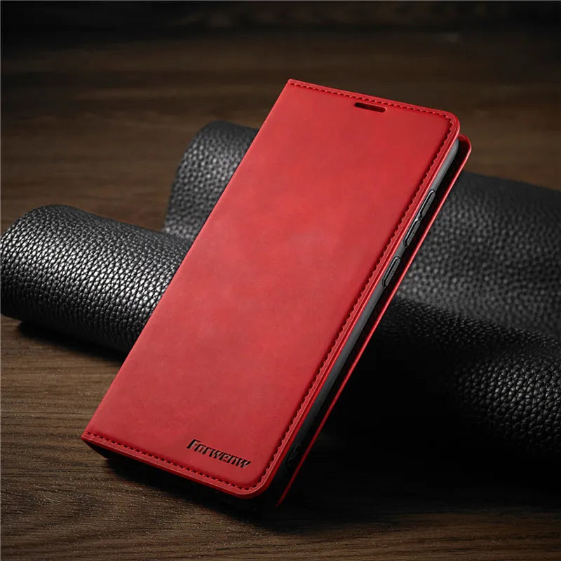 Nærbilde av et magnetisk lærdeksel for iPhone, viser fin tekstur og presise utskjæringer. Elegant mobilcover.