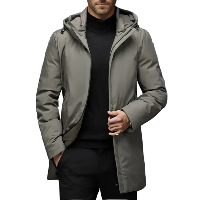 Elegant menns slank passform vinterjakke i svart, vindtett og varm parkas for stilfull hverdag.