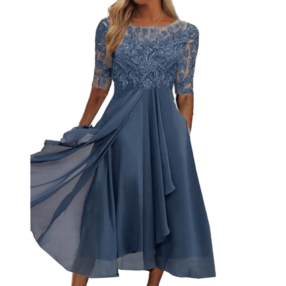 Elegant midi kjole for kvinner i lett chiffon og blonde, perfekt som sommerkjole til fest eller hverdag.
