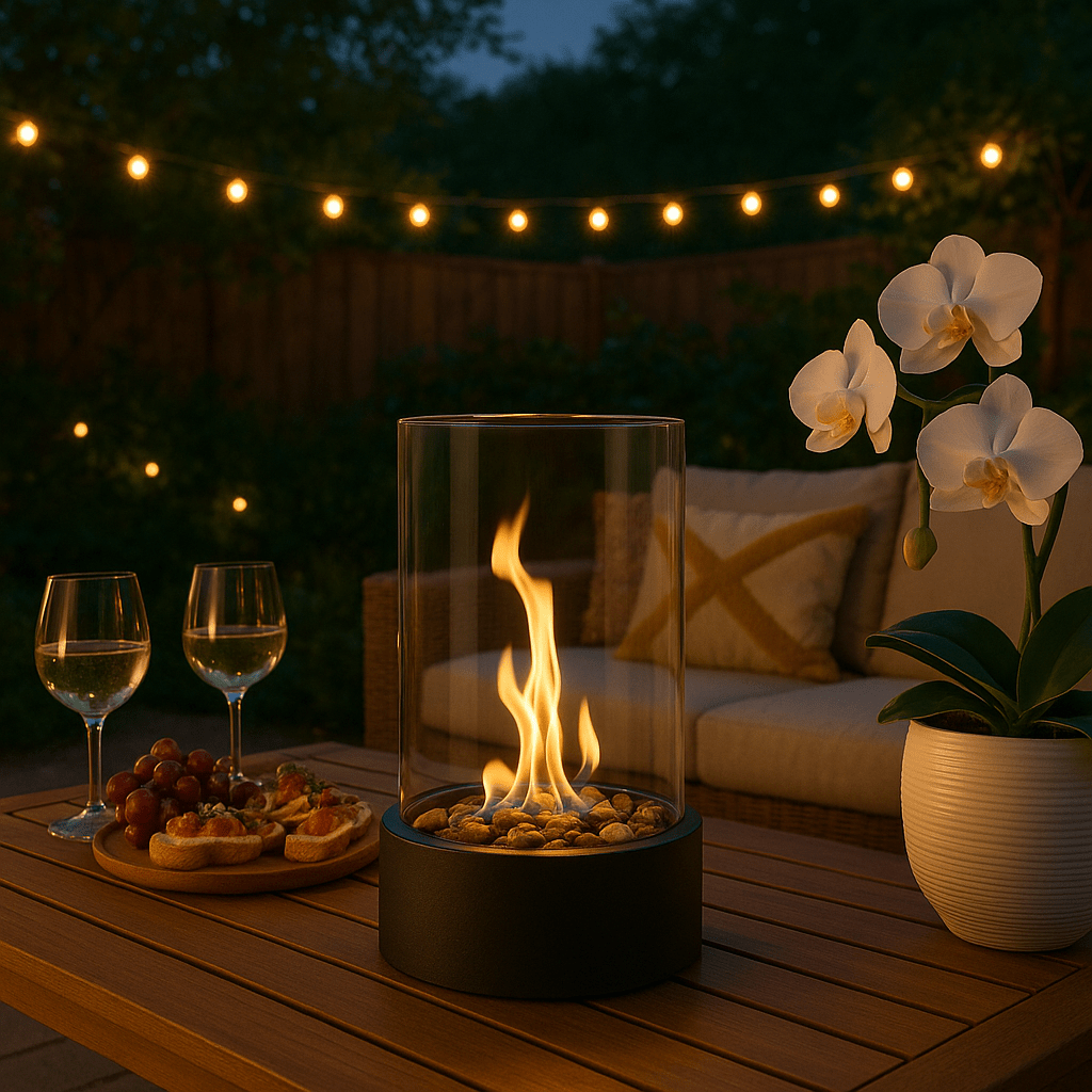 Bioetanol bordpeis med ekte flammer. Perfekt for stue eller spisebord, gir varm og røykfri hygge innendørs.