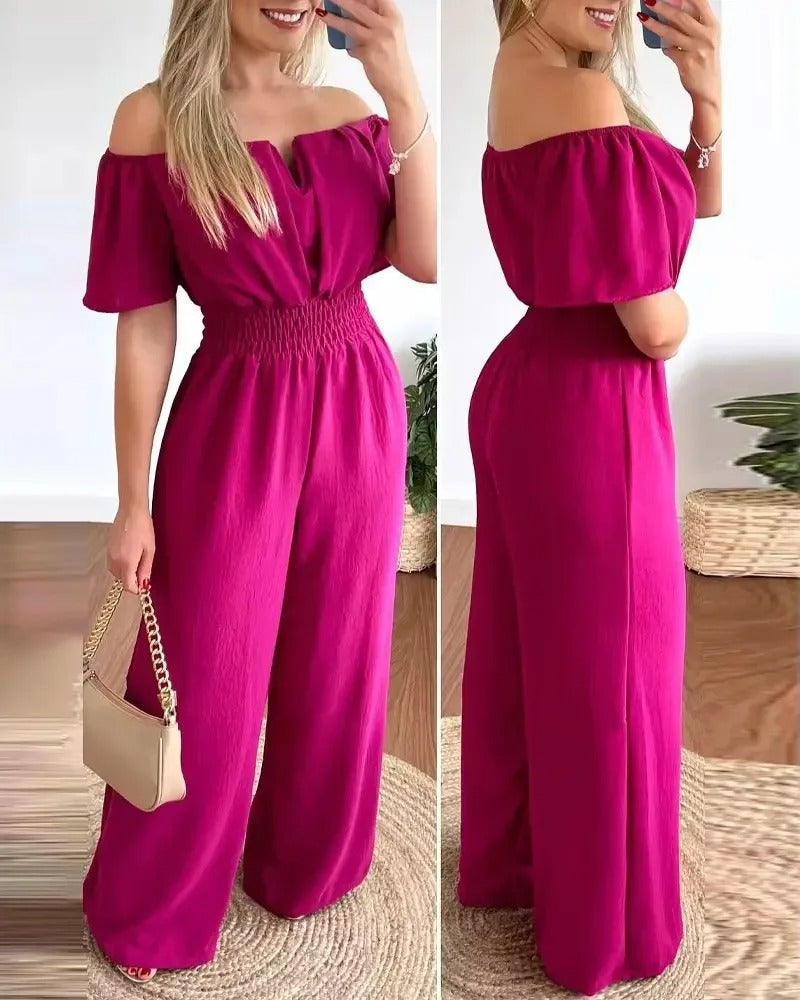 Off-shoulder jumpsuit styler casual. Perfekt for en avslappet sommerstil med vide ben.