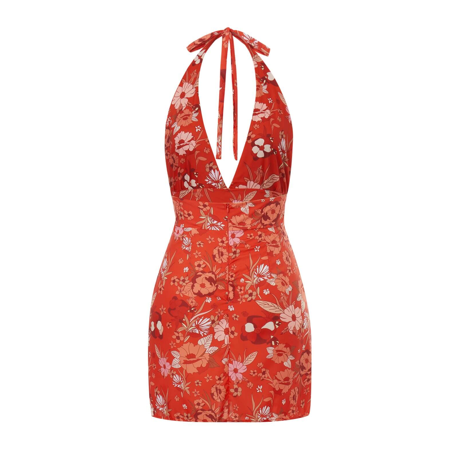 Oransje ryggløs mini strandkjole med elegant V-hals og A-linje, ideell for sommer.