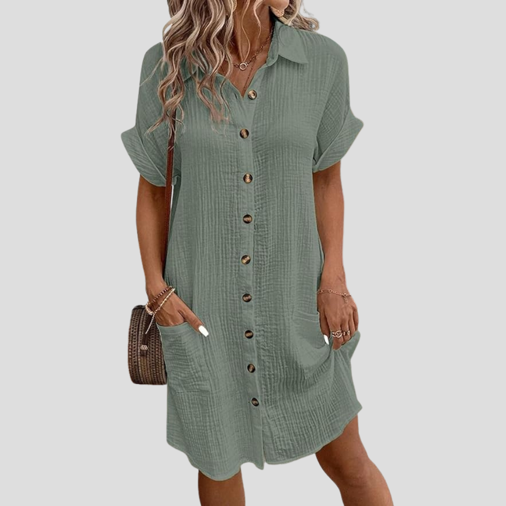 Motebevisst damekjole: elegant skjortekjole med knappelukking. Perfekt midi sommerkjole for kvinner.