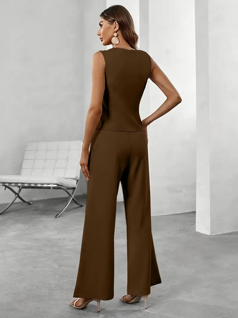 Beige elegant kvinnesett, skreddersydd blazer og bukse for business eller fest. Komfortabel passform.