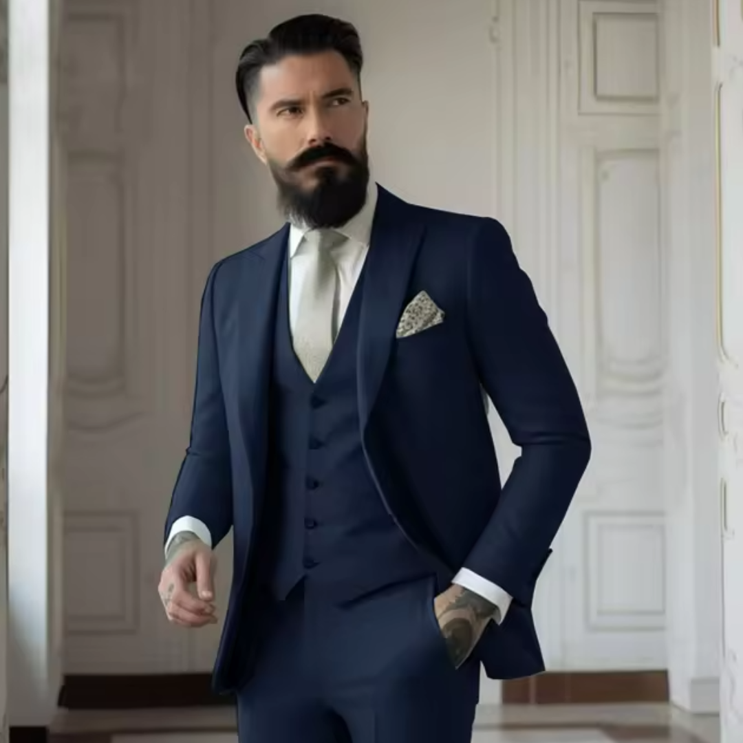 Profesjonell slim fit tredelt herredress, ideell for forretningsmøter og formelle arrangementer.