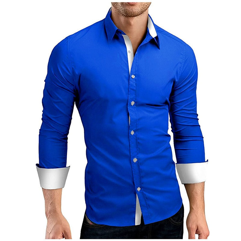 Klassisk langermet slimfit herreskjorte, ideell for fest, mote, hverdag og forretning. Elegant stil.