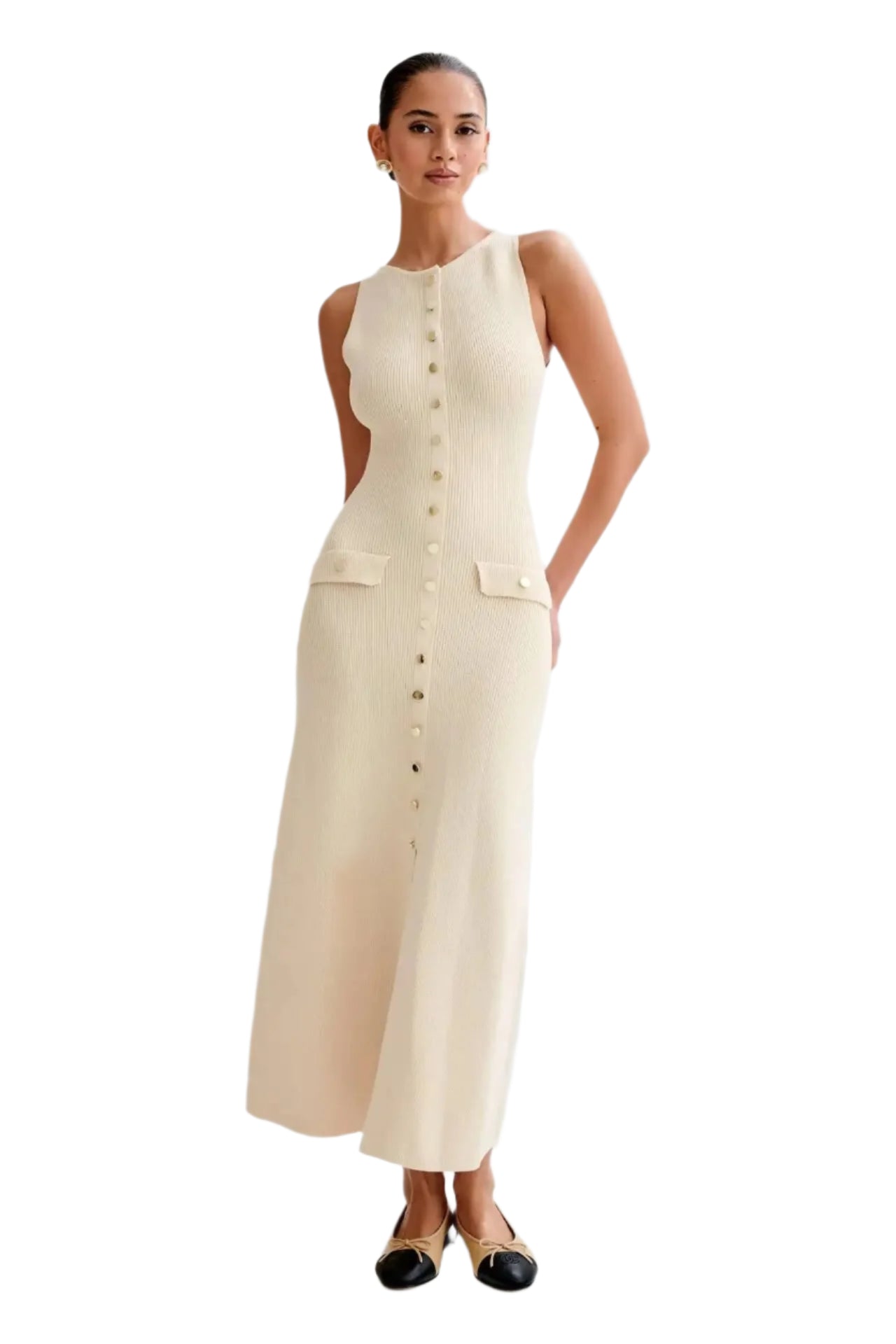 Elegant strikket bodycon-kjole for kvinner med knappedetaljer. Komfortabel passform for fest og hverdag.