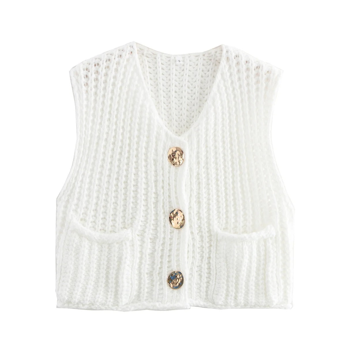 Elegant strikkevest for kvinner med metallknapper, lagt flatt. Klassisk damevest for stil og komfort.