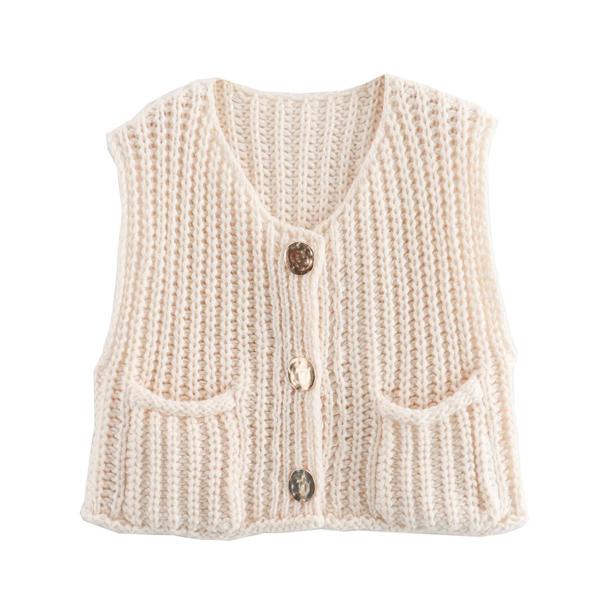 Myk strikkevest i komfortabel strikk for kvinner. Ermeløs damevest med flotte metallknapper og stil.