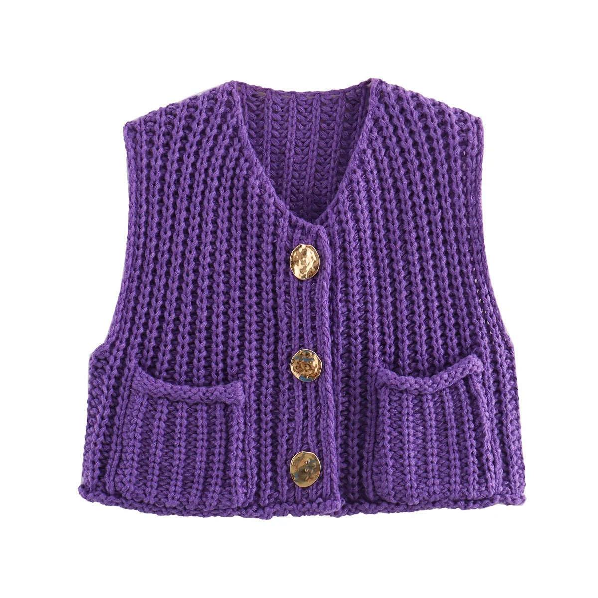 Bakside av elegant strikkevest for kvinner, viser passform. Komfortabel damevest med stilrene linjer.