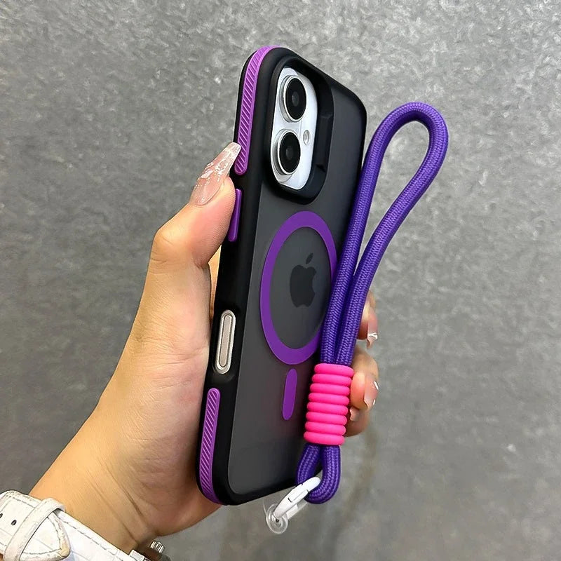 Elegant lanyard telefonveske for ulike iPhone-modeller, optimal beskyttelse med matt overflate.