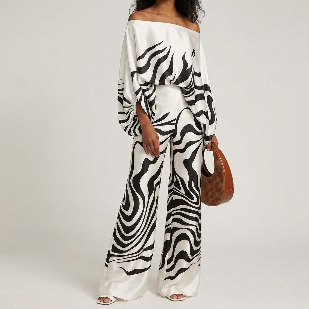 Vår/sommer festantrekk: Elegant offshoulder satengsett i todelt design for kvinner, komfortabelt og moteriktig.