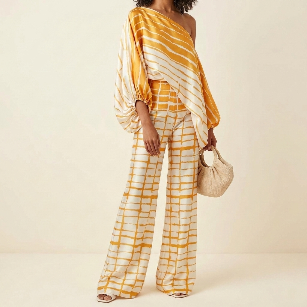 Kvinner todelt satengsett: Elegant offshoulder buksesett, perfekt for en komfortabel og stilfull fest eller hverdag.