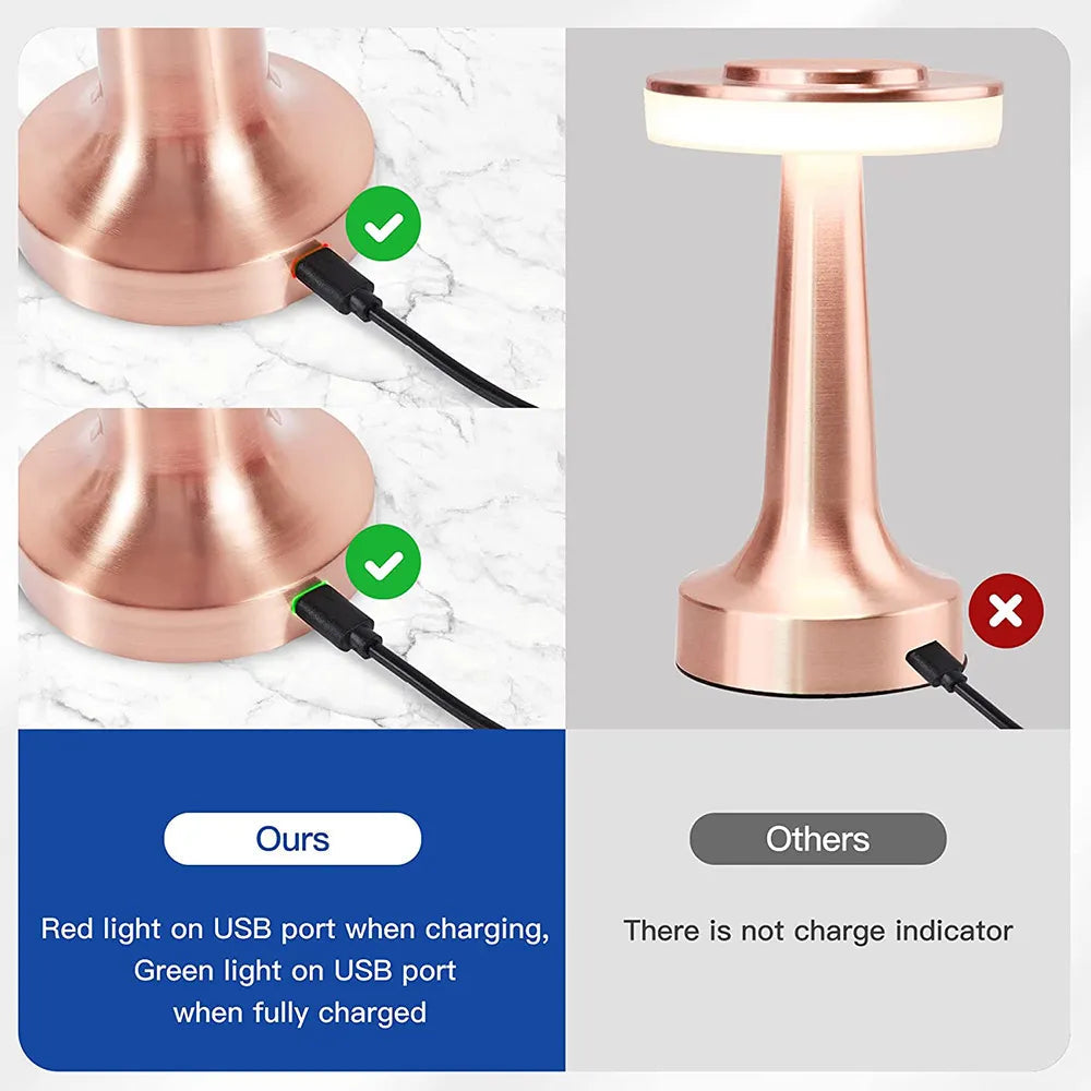 Moderne trådløs LED-bordlampe (gull/sølv-finish), dimmbar for kontorbelysning eller stilig dekor.