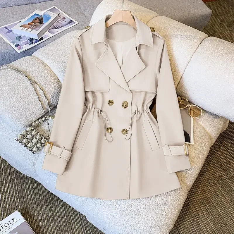 Stilig kvinners trench coat i elegant stoff, mellomlang lengde. En allsidig frakk for ulike værtyper.