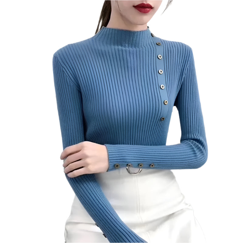 Turtleneck genser for kvinner, myk strikk og langermet design med knappedetaljer.