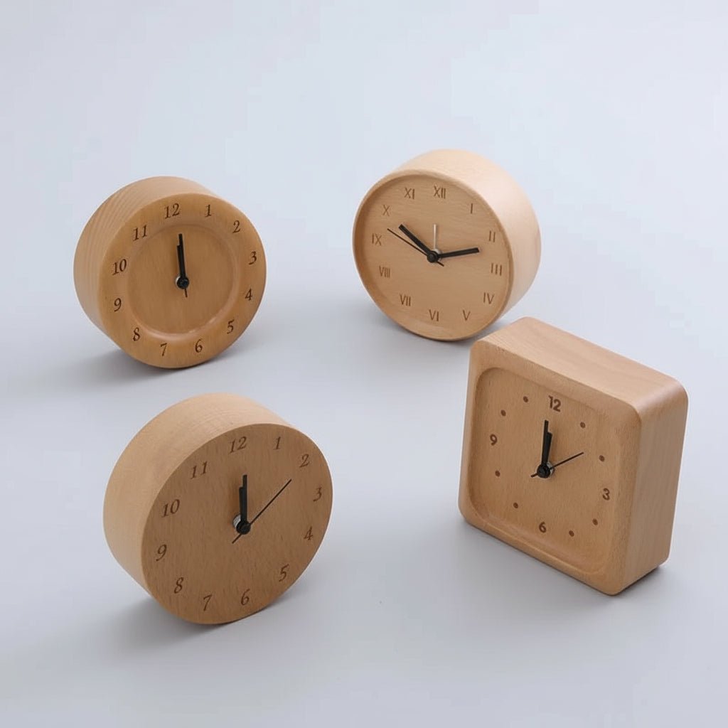 Vekkerklokke i nordisk bøketre-design. Elegant og funksjonell bordklokke for soverom eller stue.