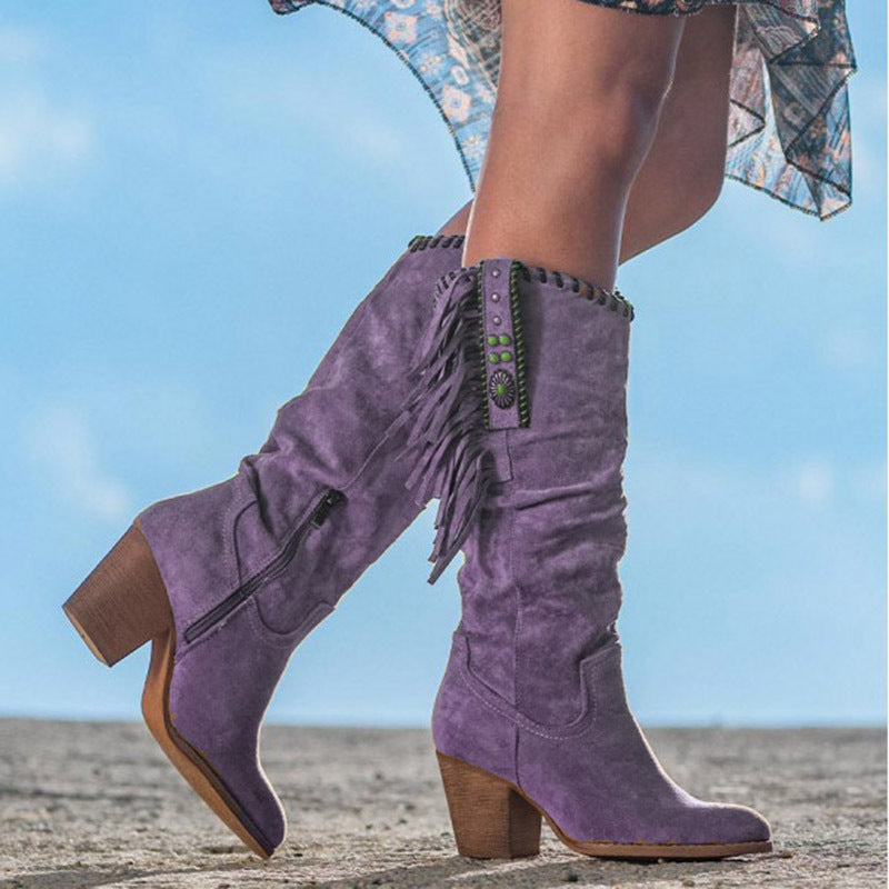 Lange dame Wild West-støvler med blokkhæl og spisstå. Tidløse cowboystøvler i PU-lær for elegant komfort.