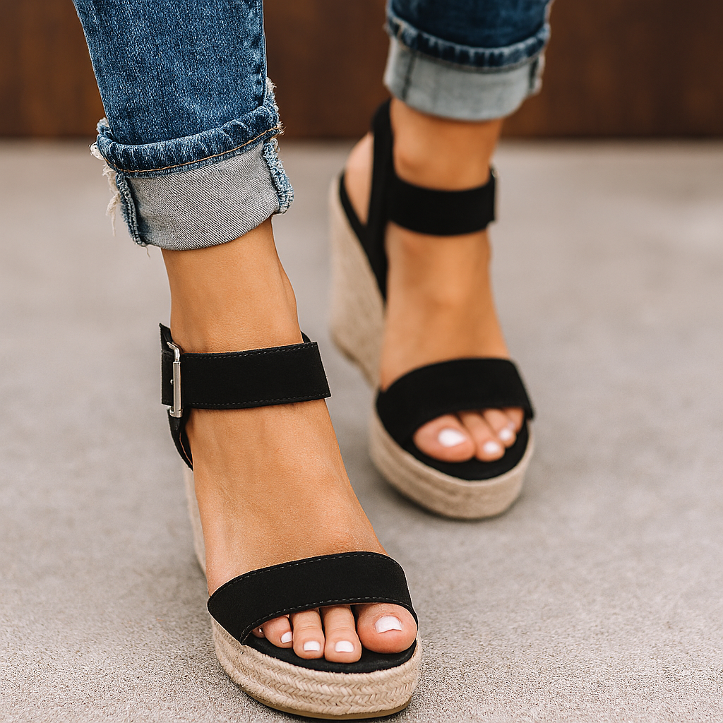Elegante dame espadrille sandaler med kilehæl og åpen tå. Komfortable for sommer, strand og ferie.
