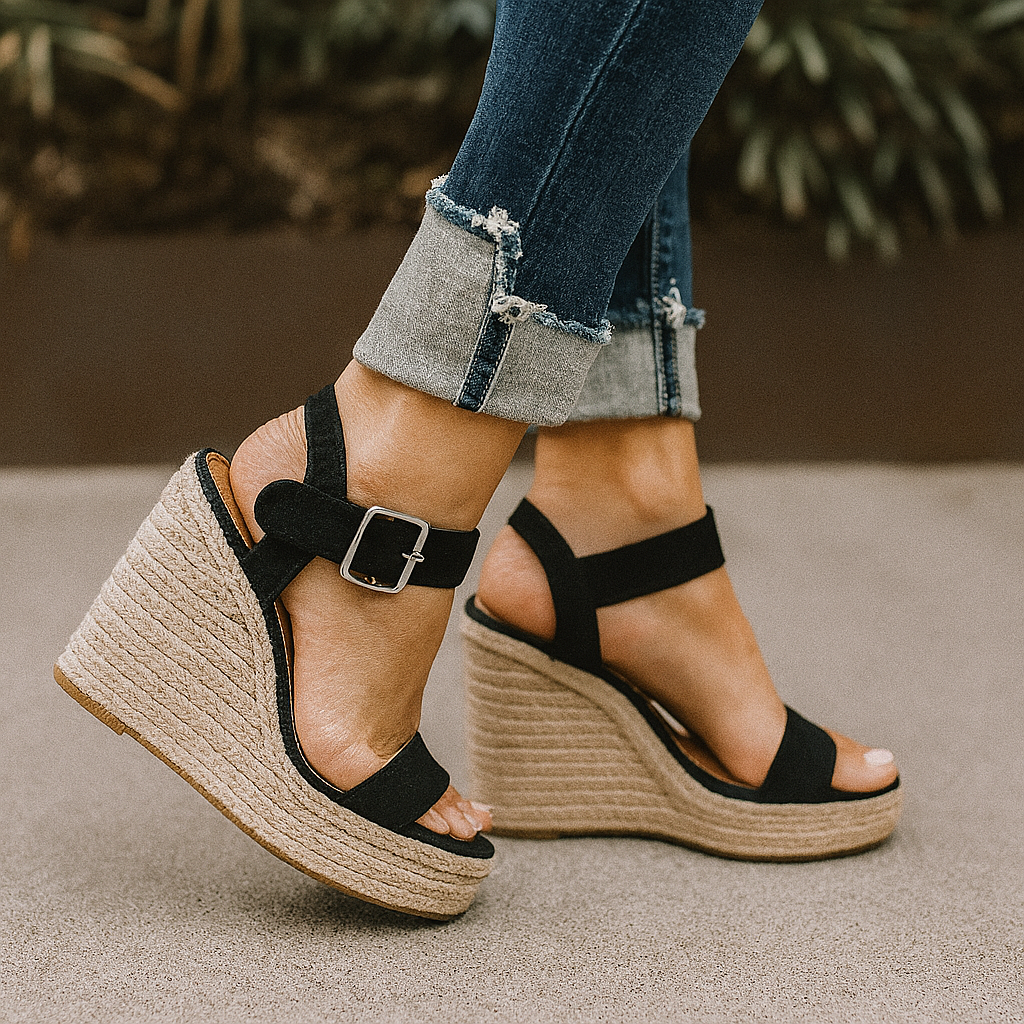 Stilige brune espadrille kilehælsandaler for damer. Perfekte komfortable sommersandaler til ferien.