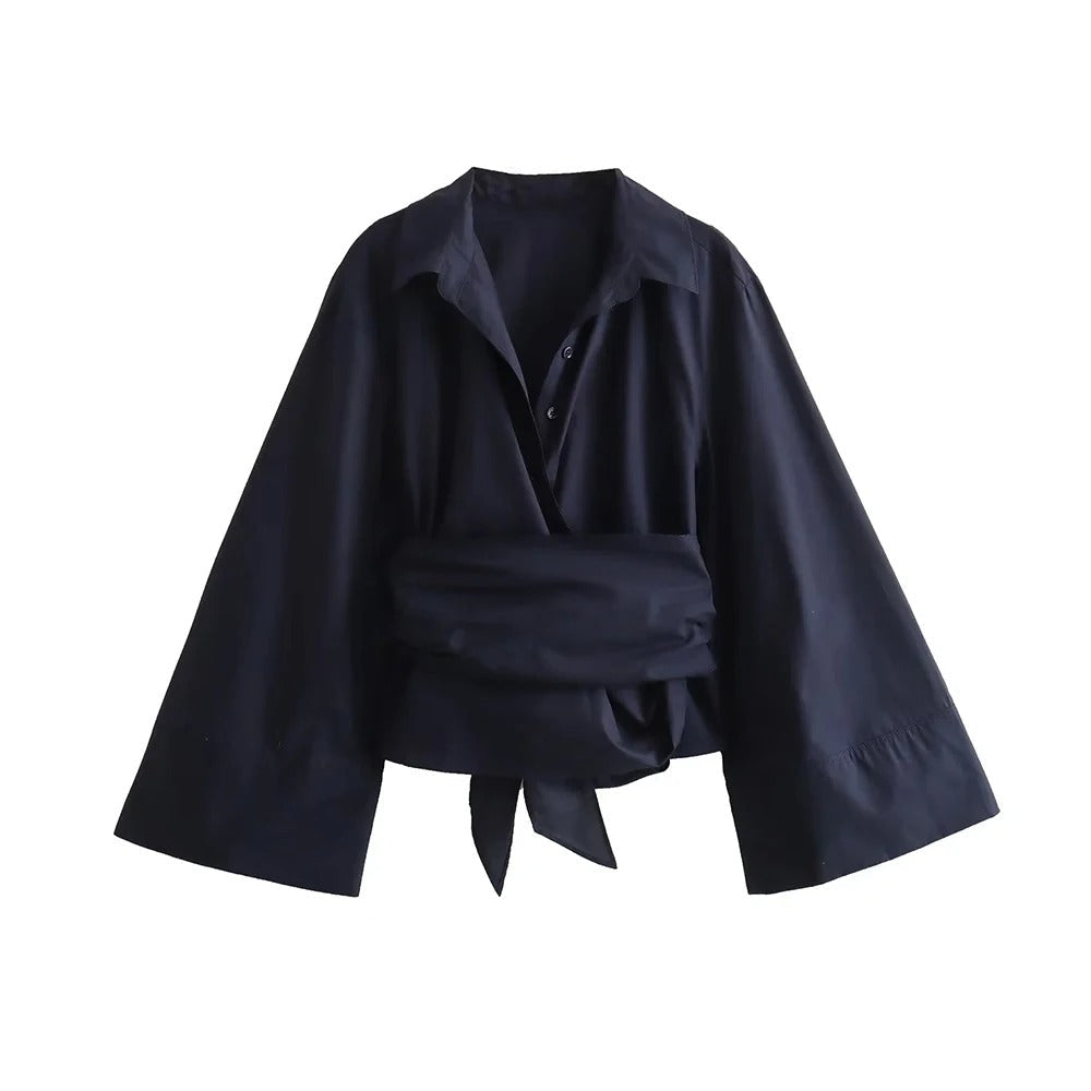 Elegante Damen Kimonobluse mit Schleifendetail, Langarm, als vielseitige Freizeit- und BĂĽrobluse