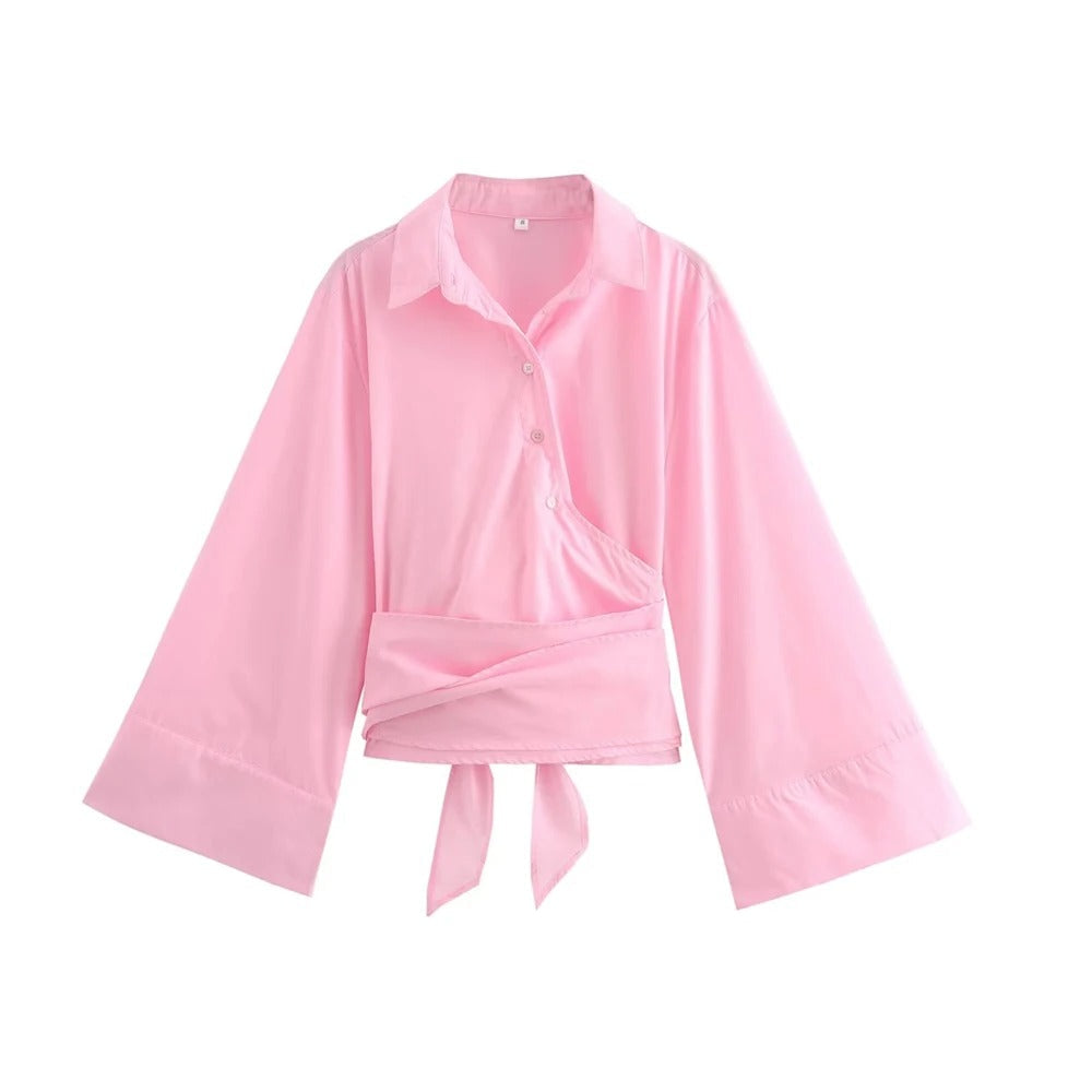 Rückenansicht der Damen Kimonobluse Langarm, mit feinem Schleifendetail, komfortabel und schick