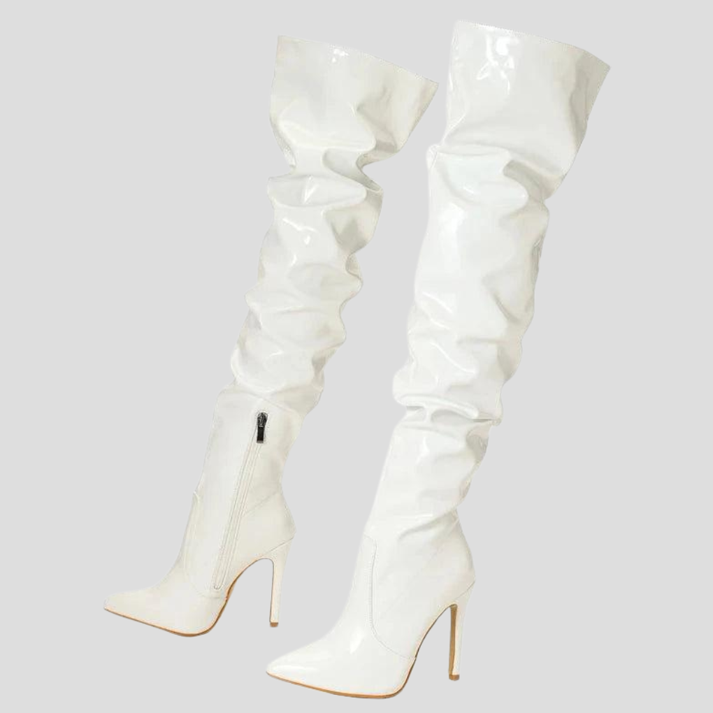 Stilige ankelstøvletter med 8 cm blokkhæl, perfekte for mote. Tilgjengelig i beige, hvit, svart, rød.