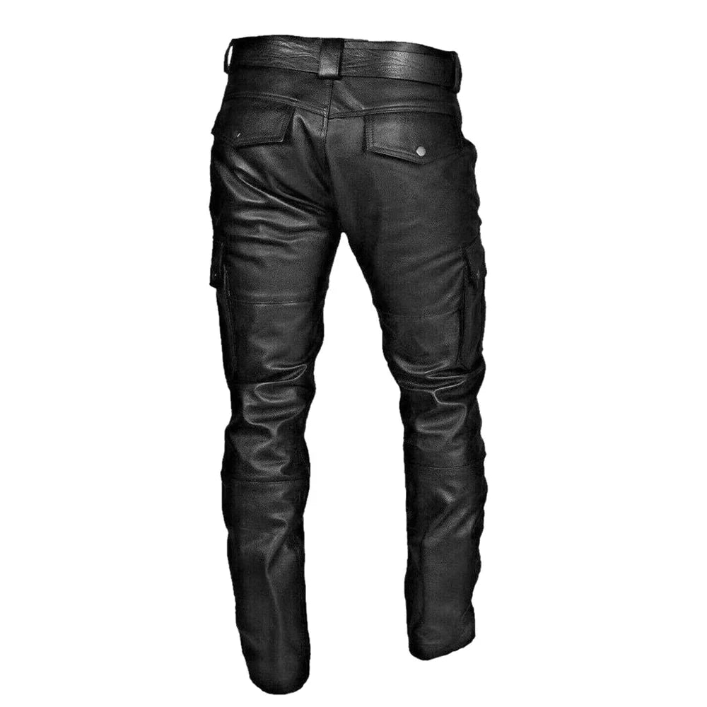 Menns sorte fauxskinnbukser i motorsykkelstil, ideelle for streetwear og en tøff, komfortabel look.