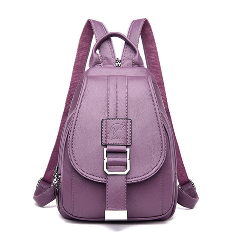 RĂĽckenansicht eines schwarzen Damen Lederrucksacks mit diebstahlsicherem ReiĂźverschluss, fĂĽr Reisen