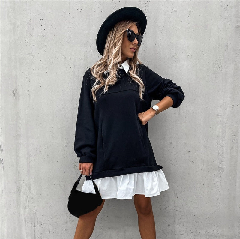 Bequemes, lockeres Damen Mini-Kragenkleid mit langen Ärmeln, ideal als Freizeitkleid im Herbst.