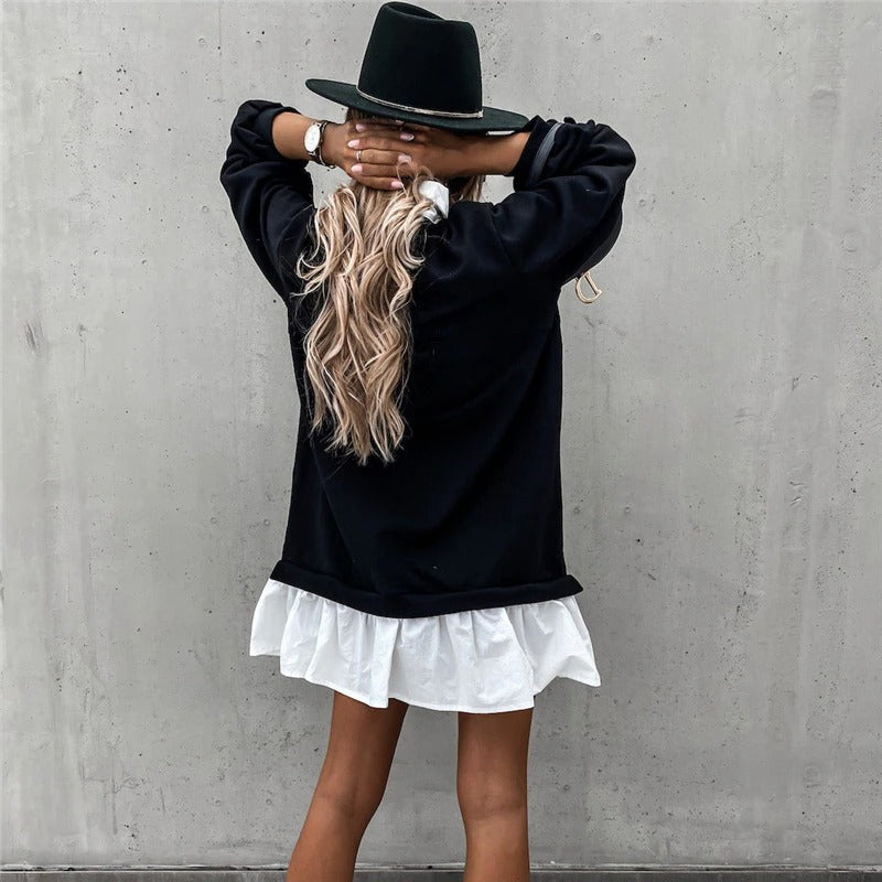 Schwarzes Damen Langarm-Kragenkleid aus Stretch-Polyester, knielang, vielseitig und elegant.