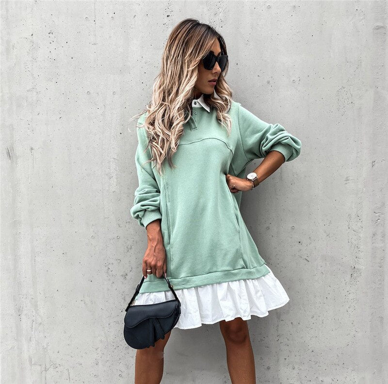 Modisches Damen Kragenkleid, langärmlig, aus weichem Stretch-Material, ideal für alltägliche Eleganz.