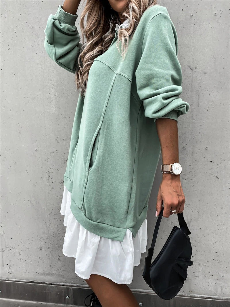 Damen Freizeitkleid, schwarz, langärmlig mit Kragen, bequeme Passform für die kühleren Tage.