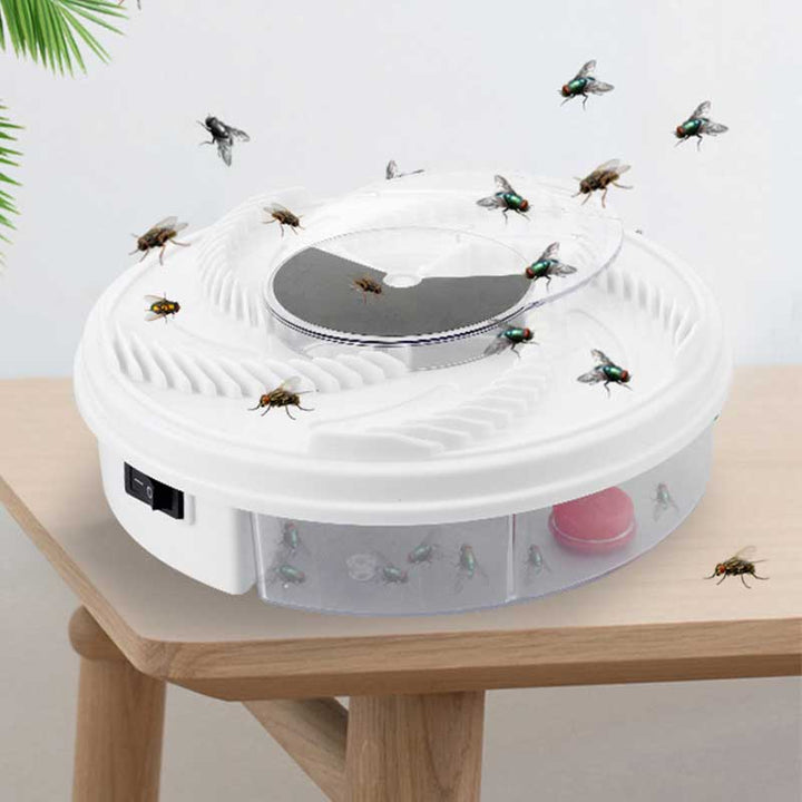 Elektrisk fluefanger for hjemmet med roterende system og fangstbrett. Effektiv, stille insektsfanger for innendørs bruk.