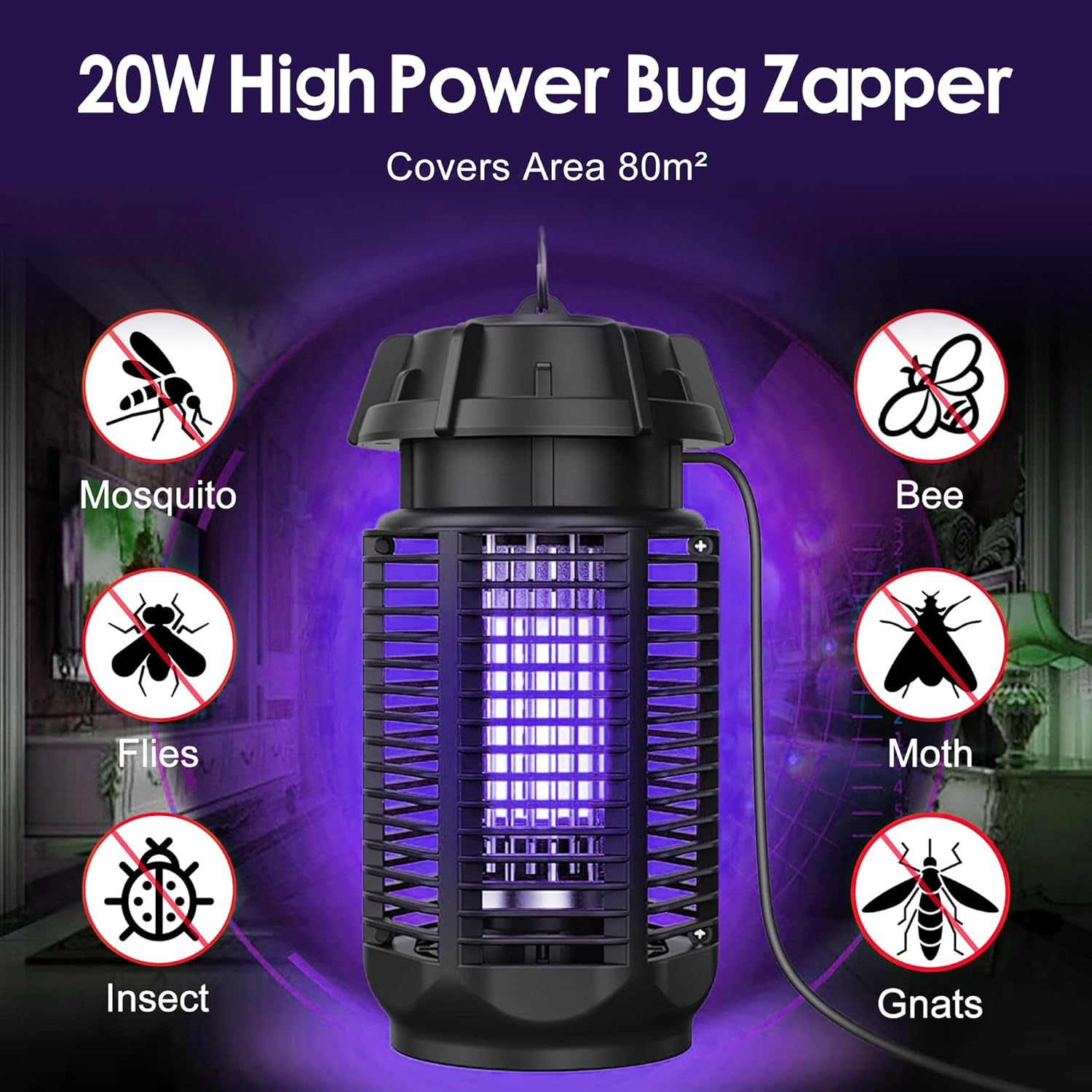 UV-lampe insektsfelle. Effektiv elektrisk mygg- og fluedreper for hjem og hage. Vannbestandig skadedyrkontroll.