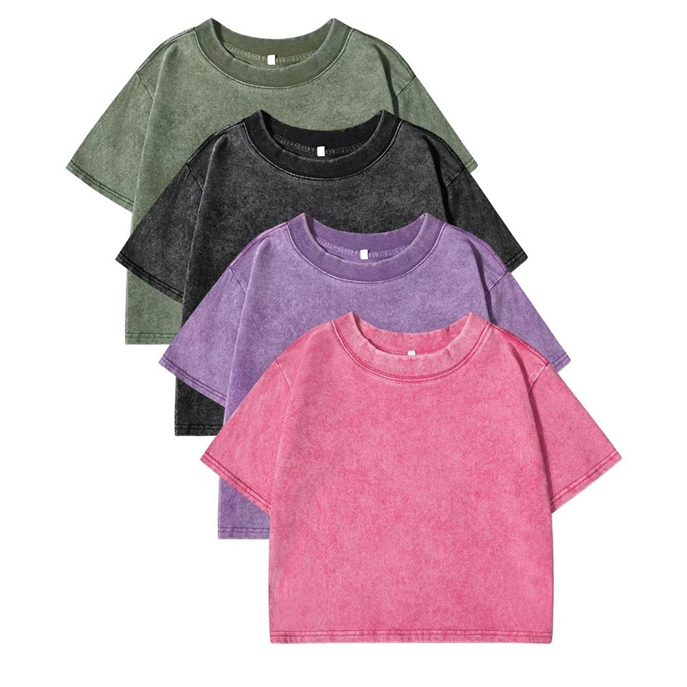 Hverdagslig ensfarget slim fit t-skjorte for kvinner, vasket effekt, klassisk rund hals, lett å style.